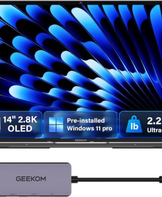 GEEKOM GeekBook X14 Pro Laptop, 2.2lbs Ultra Thin 14" 2.8K OLED Laptop Computer, Ultra 9 185H, 32GB LPDDR5x 7500MHz RAM 1TB SSD, Up to 16 Hour, 2X USB4, Fingerprint, Hub, Copilot, Windows 11 Pro